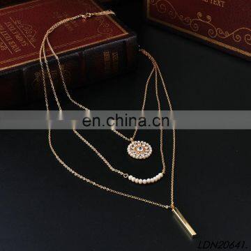 Three layers pearl with crystal bead vertical bar necklace