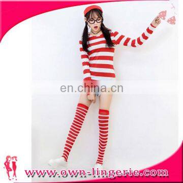 2016 Christmas Cartoon Costume Wally Red and White Striped Cosplay Costume with hat,glasses,stocking