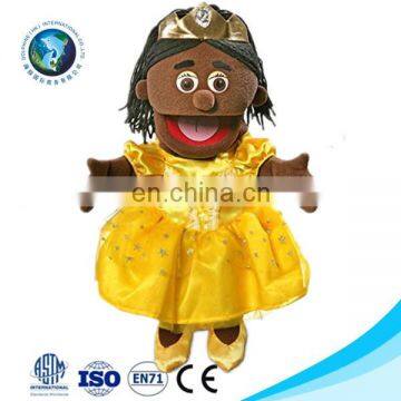 Pretty stuffed soft plush rag black african girl doll toy hand puppet wholesale cute custom plush cloth rag black fashion doll