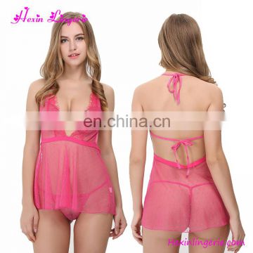 Lastest Sexy Straps Sleepwear Girls V Neck Lace Babydoll Transparent Nightwear