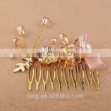 Bride wedding gift pink crystal gold flower comb bride hair jewelry