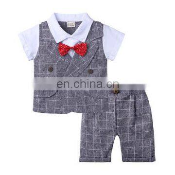 Summer Boys' Suit Children's Plaid Short Sleeve Children Clothing Two Piece Bow Set Boy Set
