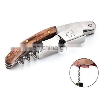Multifunctional Champagne Stainless Steel Engraved Knife Custom Wooden Red Corkscrew Wine Opener photo-2