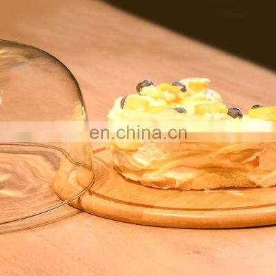 Flat Round Bamboo Cake Serving Plate Wood Dessert Stand Cheese Display With Dome Lid photo-2