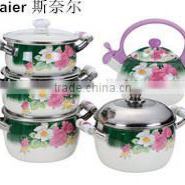 Hot selling enamel cookware sets & tea pot with full decals