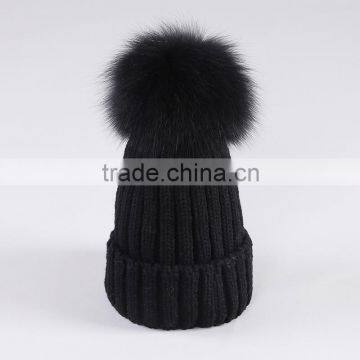 Winter Fashion Big Size Real Fox Fur Pompom Knitted Lady Wool Cap