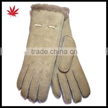 Women soft fashion double face fur lined leather gloves