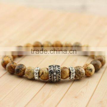 BRP1307 natural picture jasper bead strench bracelet stainless steel bead with CZ paved charm bracelet                        
                                                Quality Choice
                                                                 