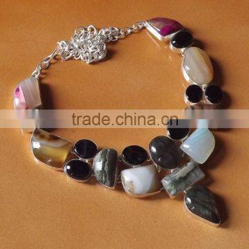 Black Onyx, Lace Agate, Labradorite, Ocean Jasper Necklace plated 925 Sterling Silver 94 Gms 18-20 Inches