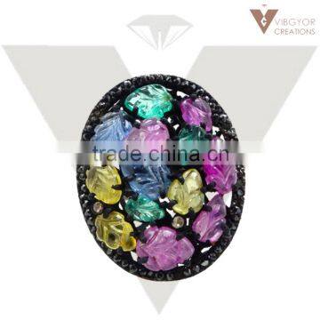 Multi Tourmaline Wholesale 925 Silver Ring Handmade Pave Diamond Ring Jewelry Supplier