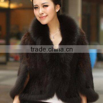 High quality knitted mink fur shawl with fox fur trim