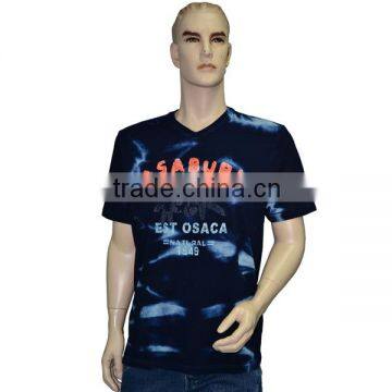 Men's T-shirt Knitted Denim Indigo Blue Discharge brushed washed and used effects embroidery and prints