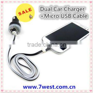 Hot! Factory Supply Noodle Style Flat 2 in 1 Car Charger(Micro USB Data Cable+Dual 2 Ports Car Charger)for Blackberry