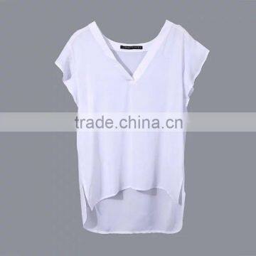 2016 china wholesale clothing manufacturer flounce sleeve white polyester asymmetrical t-shirt