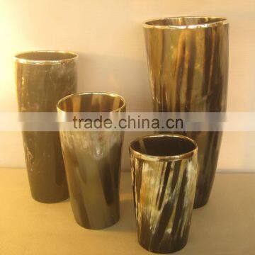 Set of 4 buffalo horn flower vases with silver rim. Natural color