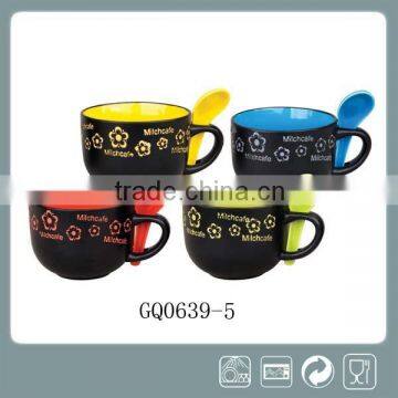 400ml Soup Mug With Spoon and Lid Black With Handpainted