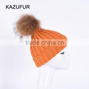 High quality wool knitted beanie hat with big fur ball on top KZ160074