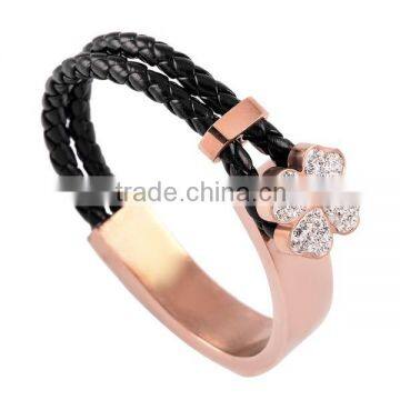 SRB3111 PVD Coating Rose Gold Clover Charm Bracelet with Black Mesh Leather Bangle 316L Stainless Steel Leather Rope Bracelet