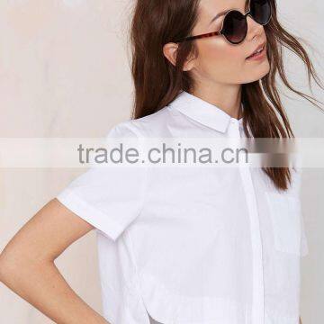 Lady's Slim Cotton Collared Solid White Shirt Short Sleeve Blouse photo-3