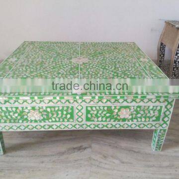 Indian Bone Inlay small coffee Table in green and white