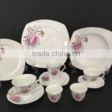 Fine porcelain sqaure shape 12pcs 16pcs 24pcs dinner set with popular flower decal model shape design dinner plate