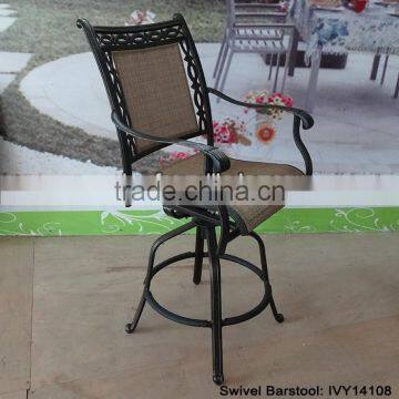 patio metal furniture swivel barstool in cast aluminum frame sling seat and back #IVY14108