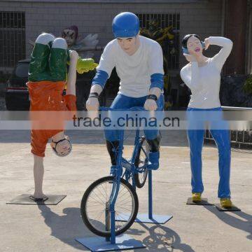 Outdoor FRP man with bicycle statue