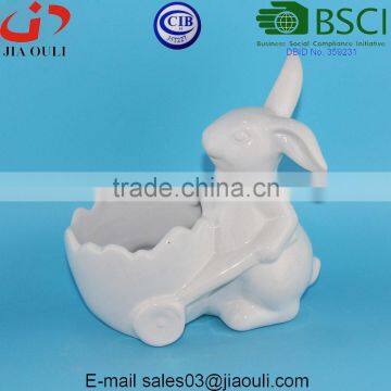 BSCI Audit Factory New design Easter Bunny with Cart Decorative Ceramic Candy Dish