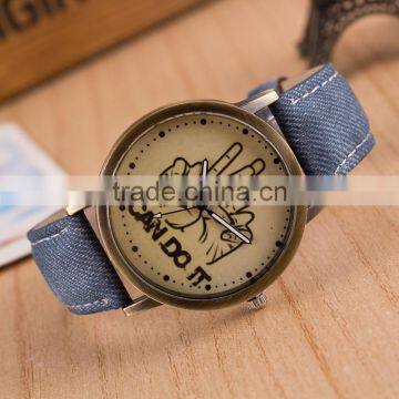 Wholesale Factory Price Free Sample Colorful Printing Thumbs up Leather Strap Quartz Watch photo-3
