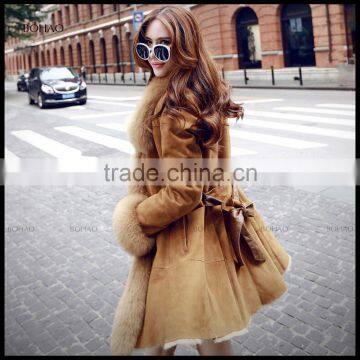 fashion imported ladies winter faux fur suede coat with big fur collar waist jackets