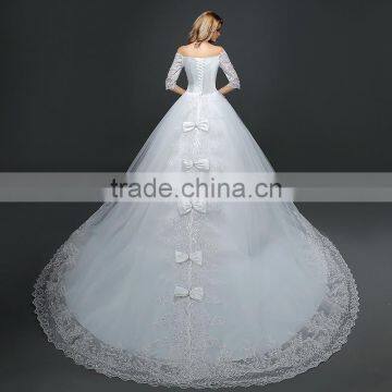MGOO Elegant Old Castle Long Tail Wedding Dress Lao White Embroidery Off Shoulder 3/4 Long Sleeves Dress photo-6