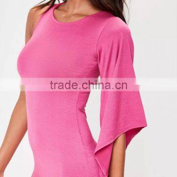Round Neck One Shoulder Bat Sleeve Pink Women Short Bodycon Dress photo-5