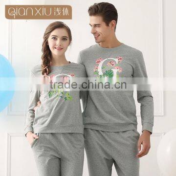 Wholesale Qianxiu Long Sleeve Jersey Men Women Print Knit Cotton 100 Couple Pajamas