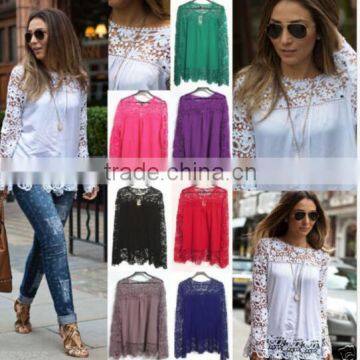 walson Fashion Women Sheer Sleeve Embroidery Lace Crochet Tee Chiffon Shirt Top Blouse