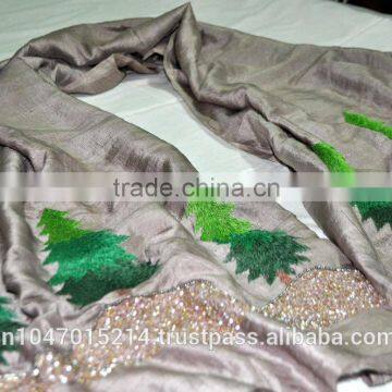 Silk scarf with Christmas tree hand embrodiery