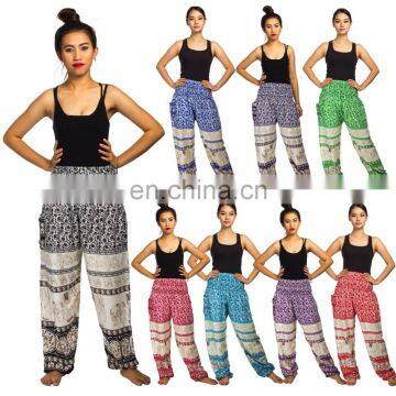 Colourful Flower Elephants Pattern Thai Boho Baggie Ginnie Yoga Thoursers Pants