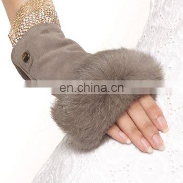 Women's Genuine Suede Leather Fingerless Gloves With Rabbit Fur Trim