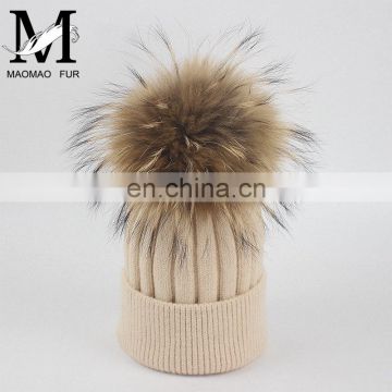 Top Quality Big Fur Pom Pom Kids Hats Raccoon Fur Balls Baby Knitted Hat