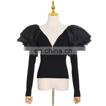 TWOTWINSTYLE V Neck Long Sleeve Tunic Slim Elegant Patchwork Ruffle Women Fashion T Shirt