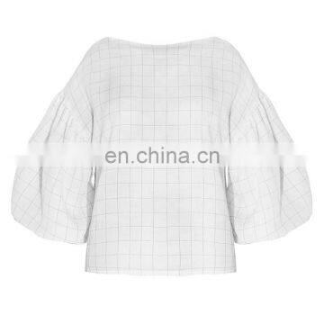 TWOTWINSTYLE Plaid White Lantern Sleeve Lattice Casual women's Blouses Tops  Loose