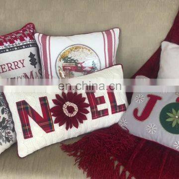 decorative knit plaid applique embroidery with 3D felt flower NOEL lumbar seasonal Christmas cushion pillow cover