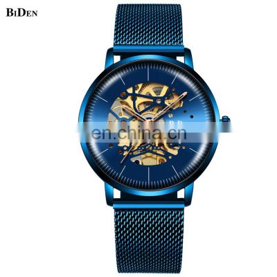 BIDEN 0052 Luxury Mans Automatic Mechanical Watches Stainless Steel Mesh Band Skeleton Men Business Watch