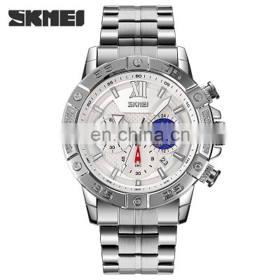 SKMEI choronograph silver watch men stainless steel Reloj de cuarzo para hombre luxury wristwatch small dial quartz wirstwatch