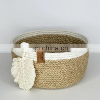 Home Decor Jute and cotton rope storage basket, fruit basket with decorative leaf Many Sizes Vietnam Supplier