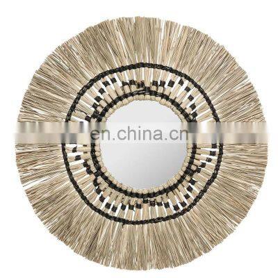 Natural Vintage Straw Handwoven Round Seagrass Mirror Decoration Bohemian Art Decor Manufacturer Vietnam Cheap Wholesale