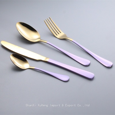 Elegant Stainless Steel Matte Gold Plated Dinner Fork Spoons Knife Flatware Set With Violet Colored Handle