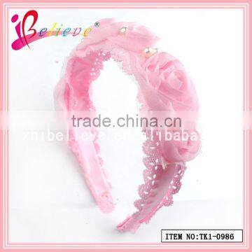 Trial order accept factory wholesale pink color lace handmade rose flower girls hairband (TK1-0986)