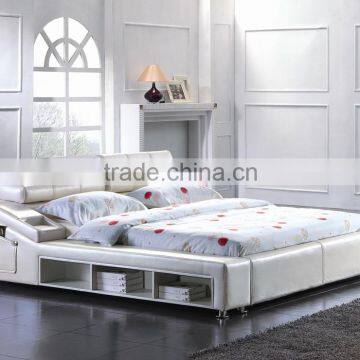 Modern Double Bed Design Furniture With Wedge Pillow Genuine Leather And Side Shelf