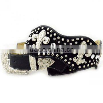 Wholesale Women's Rhinestone Studs Faux Hair Fleur De Lis Belts