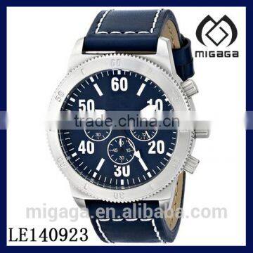 Silver tone blue dial sport watch chronograph Stainless Steel Watch with Leather Band